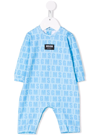 Msgm Babies' Logo-print Long-sleeve Romper In Light Blue