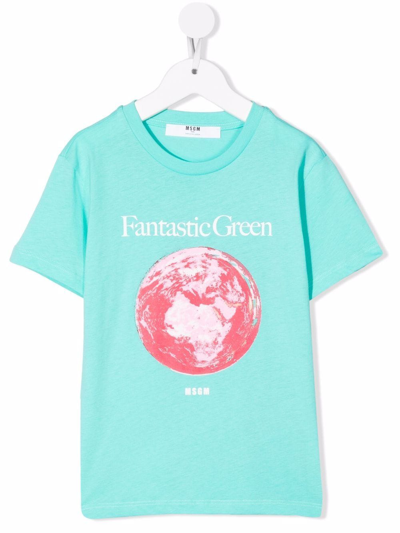Msgm Teen Fantastic Green-print Short-sleeve T-shirt In Blue