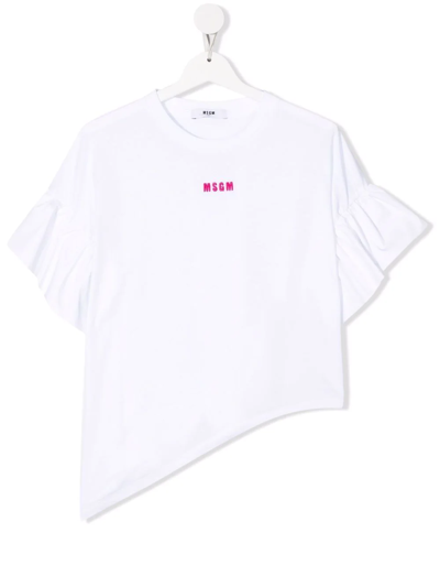 Msgm Teen Asymmetric Ruffle-trimmed T-shirt In White