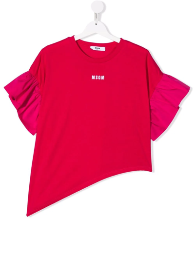 Msgm Teen Asymmetric Ruffle-trimmed T-shirt In Pink