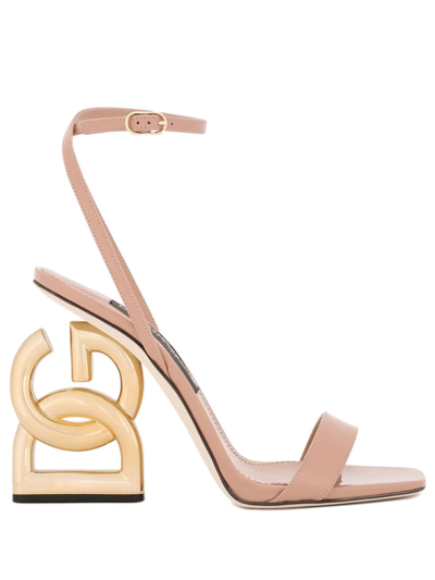 Dolce & Gabbana Patent Leather Sandals With Dg Pop Heel In Dark_beige