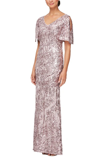 Alex Evenings Sequin Lace Cold Shoulder Trumpet Evening Gown In Blush Pink