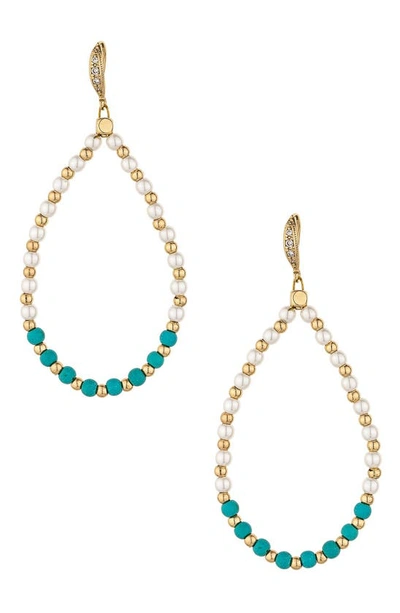 Ettika Turquoise And Pearl Teardrop 18k Gold Plated Drop Earrings In Gold-tone