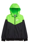 Nike Kids' Windrunner Water Resistant Hooded Jacket In Black/ Green/ Metallic Silver