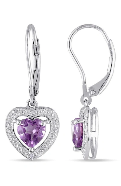 Delmar Sterling Silver Amethyst & Diamond Heart Lever Back Earrings In Purple
