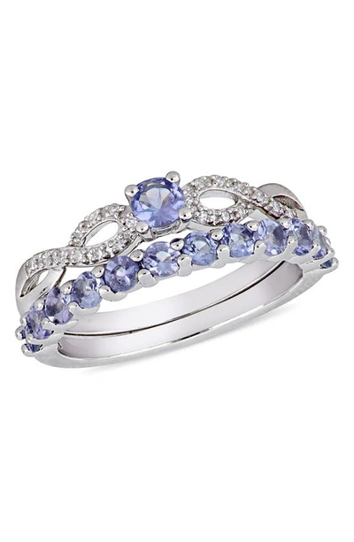 Delmar Sterling Silver Prong Set Tanzanite & Pave Diamond Infinity Band Ring In Purple