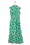 Melloday Smocked Mock Neck Tiered Maxi Dress In Green Floral | ModeSens
