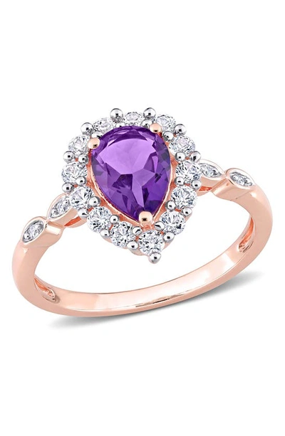 Delmar Demlar 10k Rose Gold Pear Cut Amethyst & Created White Topaz Halo Ring In Purple