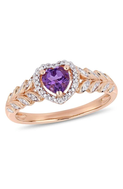 Delmar 10k Rose Gold Heart Shape Amethyst & Pave Diamond Ring In Purple
