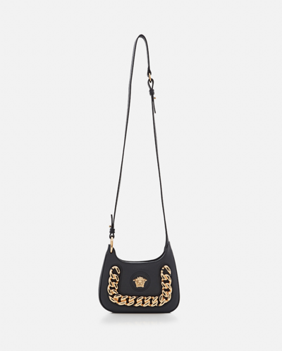 Versace La Medusa Small Leather Hobo Bag With Chain In Black