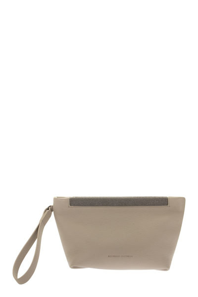 Brunello Cucinelli Soft Clutch Bag In Texture Calfskin With Precious Opening In White