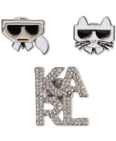 Karl Lagerfeld Silver-tone 3-pc. Set Pave Logo & Choupette Pins In Ivory/cream