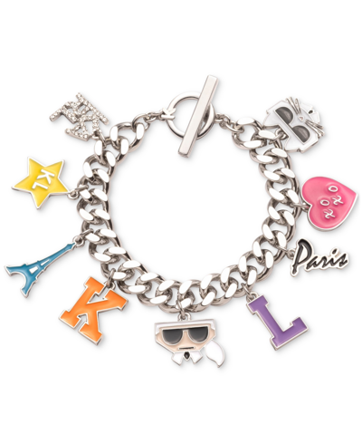 Karl Lagerfeld Silver-tone Pave Mixed Multicolor Charm Bracelet