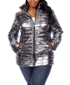 White Mark Plus Size Metallic Puffer Coat In Silver