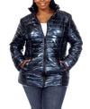 White Mark Plus Size Metallic Puffer Coat With Hoodie In Blue