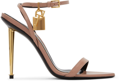 Tom Ford Taupe Shiny Leather Padlock Heeled Sandals In Nude