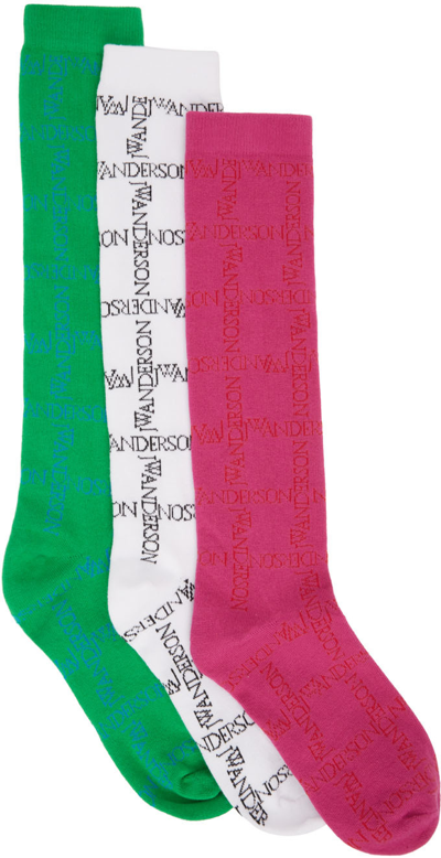 Jw Anderson Three-pack Multicolor Logo Grid Socks In 007 White/pink/green
