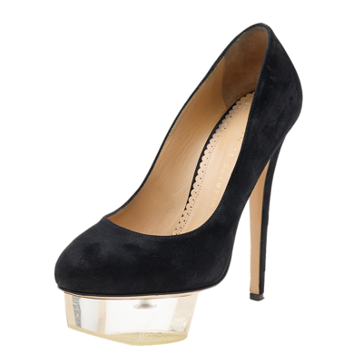 Pre-owned Charlotte Olympia Black Suede Dolly Platform Pumps Size 37.5