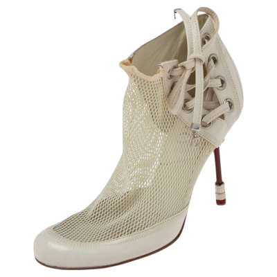 Pre-owned Dior White Net And Leather Lace Up Ankle Boots Size 35