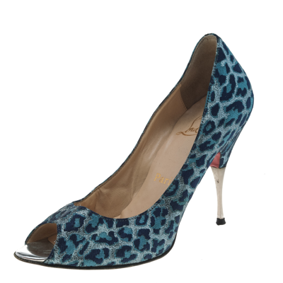 Pre-owned Christian Louboutin Blue Leopard Print Fabric Peep Toe Pumps Size 37