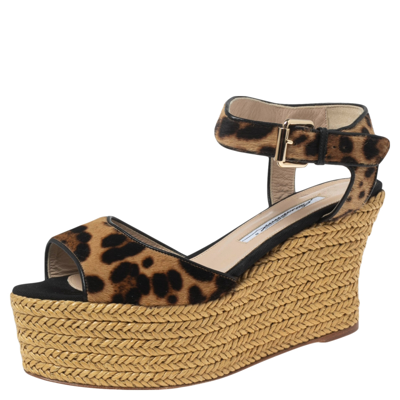 Pre-owned Brian Atwood Beige/black Pony Hair Espadrille Wedge Sandals Size 39