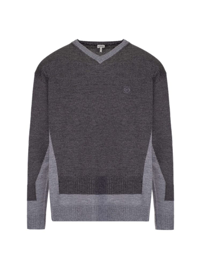 Loewe Double V Neck Wool Knit Sweater In Grey