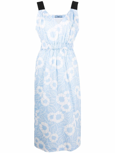 Prada Floral-print Off-shoulder Cotton Dress In Blue