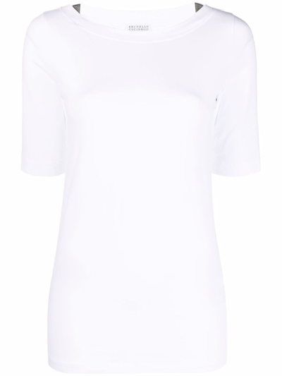 Brunello Cucinelli Boat Neck Quarter Sleeve T-shirt In Bianco