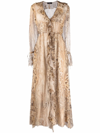 Blumarine Snake Print Silk Crepe Ruffle Midi Dress In Marrone