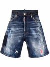 Dsquared2 Paint-splatter Wide-cut Denim-shorts In Blu