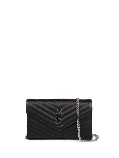 Saint Laurent `monogram` Chain Wallet `grain De Poudre` Embossed Leath In Nero