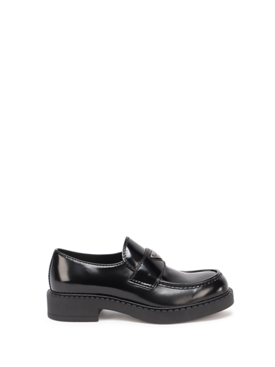 Prada `chocolate` Brushed Leather Loafers In Nero