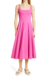 Staud Wells Stretch Cotton Poplin Midi Fit & Flare Dress In Peony