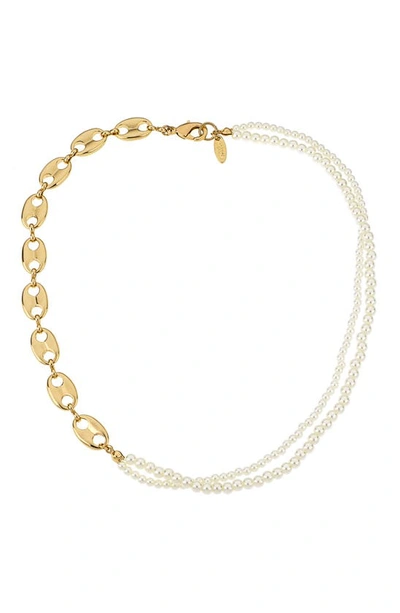 Ettika Meet Me Halfway Pearl And 18k Gold Plated Chain Link Necklace