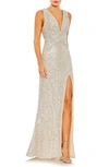 Mac Duggal Sheath Sequin Gown In Beige