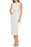 Mac Duggal Sequined Sleeveless Midi Sheath Dress In White