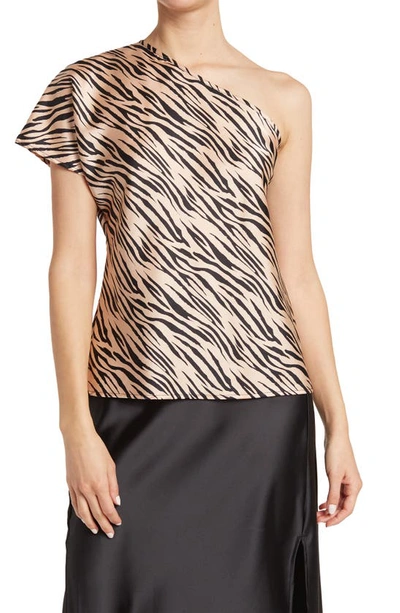 Renee C Satin Zebra Print One Shoulder Top In Taupe