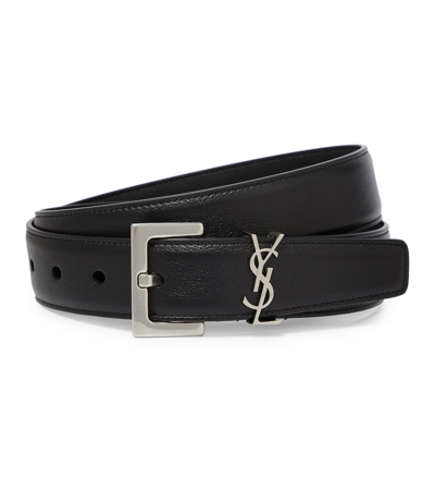 Saint Laurent Ysl Monogram Lizard Embossed Leather Belt In Black+silver