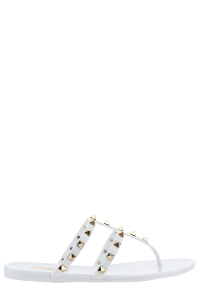 Valentino Garavani Rockstud T-strap Flat Slide Sandals In White