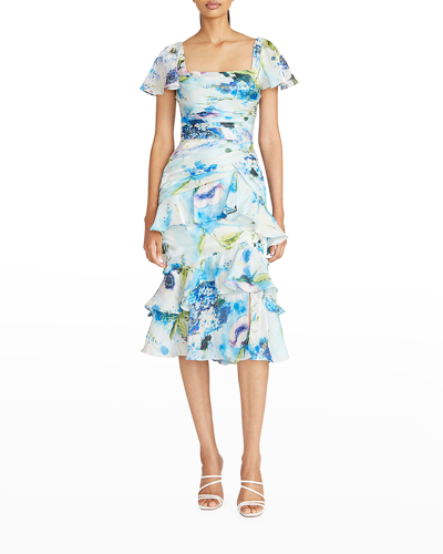 Theia Marin Floral-print Ruffled Dress In Lilac Bouquet