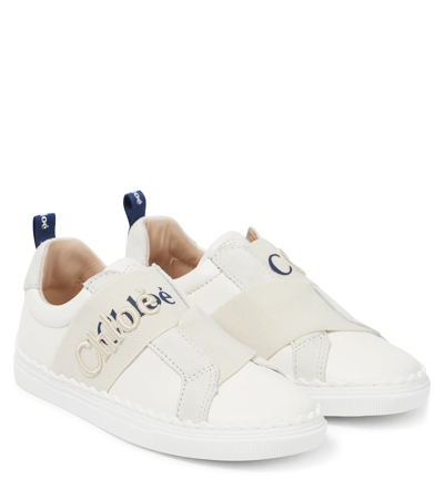 Chloé Kids White Logo Leather Trainers In Stone