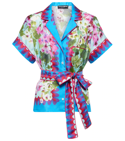 Dolce & Gabbana Bluebell-print Twill Shirt With Belt In Campanule Fdo.azzurr