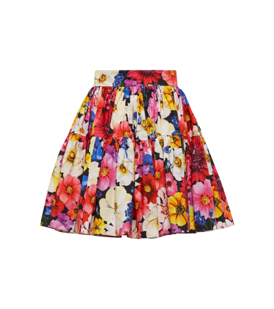 Dolce & Gabbana Tiered Pleated Floral-print Cotton-poplin Mini Skirt In Black,fuchsia,yellow