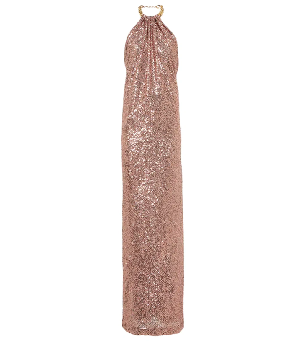 slim fit dress slacks Rose Gold Glitter Sequin Maxi Dress  Aquarius Brand