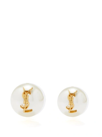 Saint Laurent Mismatched Faux-pearl Monogram Earrings In White