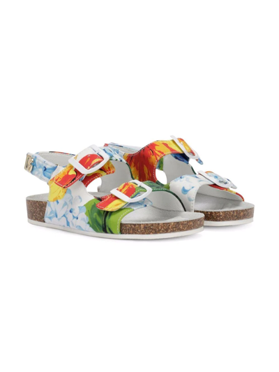 Dolce & Gabbana Kids' Printed Two Strap Buckle Canvas Sandals In Blue