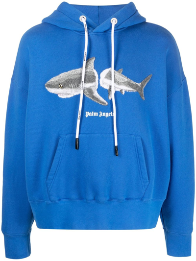 Palm Angels Shark-print Relaxed-fit Cotton-jersey Hoody In Blue