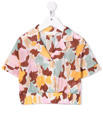 Palm Angels Kids' Camouflage-print Cropped Shirt In Multicolour