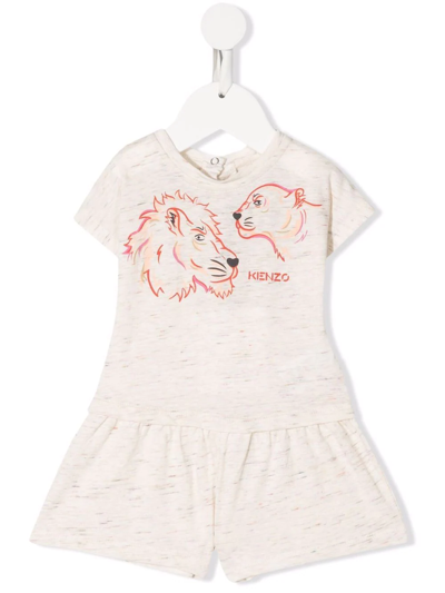 Kenzo Babies' Lion-print Knitted Romper In Neutrals