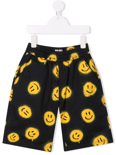 Molo Kids Smiley Face Print Track Shorts In Yellow